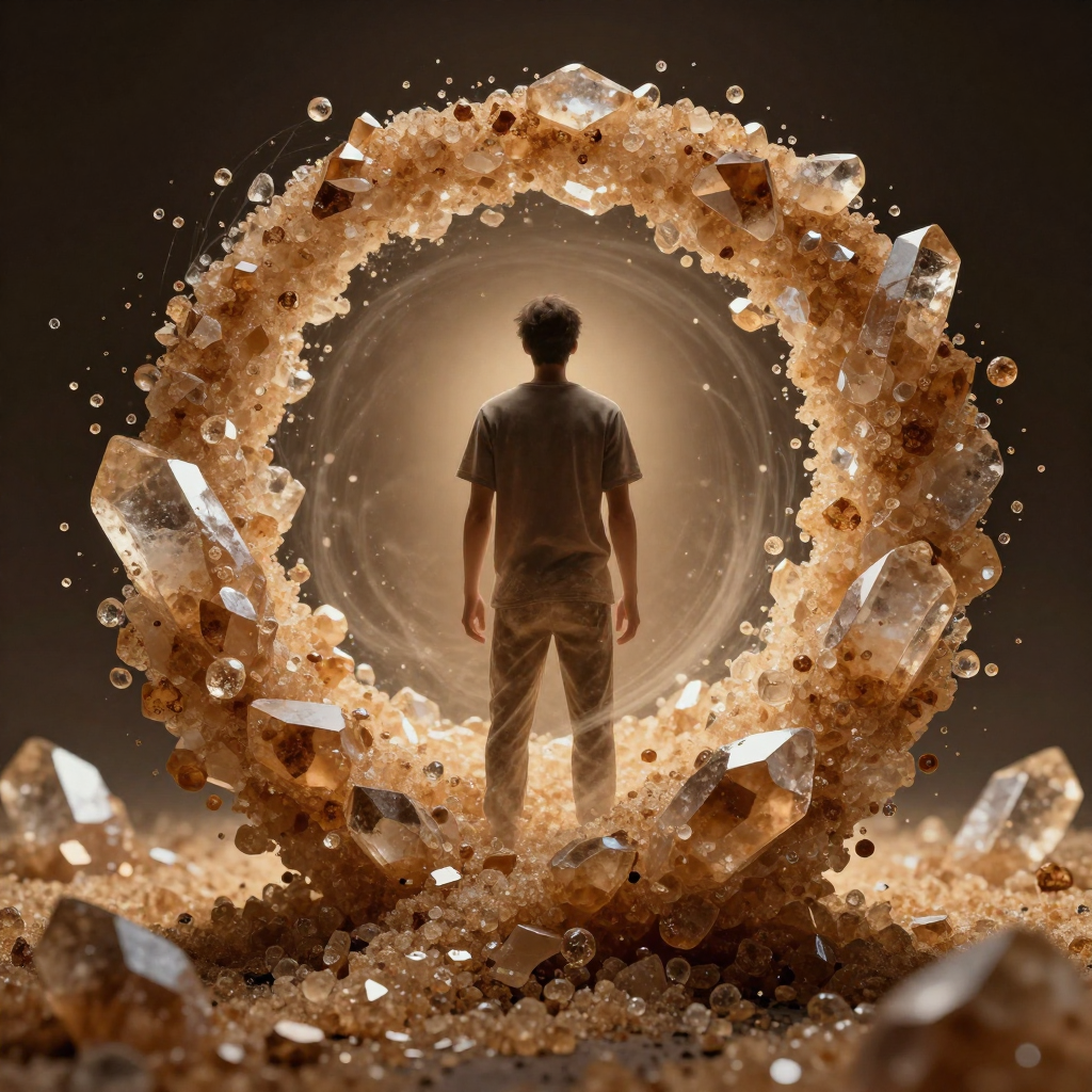 A conceptual illustration showing a person surrounded by swirling crystals of brown sugar, dramatic lighting